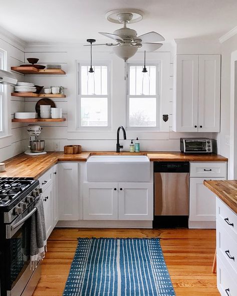 joan aldrich | web designer on Instagram: “I’m organizing photos of our past house projects (so. many. pictures. 😳) and thought I would share this doozy of a before/after! These…” Farmhouse Kitchen With Butcher Block, Kitchens With Butcher Block Countertops, Kitchen With Butcher Block, Reno Kitchen, Modern Farmhouse Kitchen Cabinets, Organizing Photos, Shiplap Kitchen, Shiplap Backsplash, Butcher Blocks