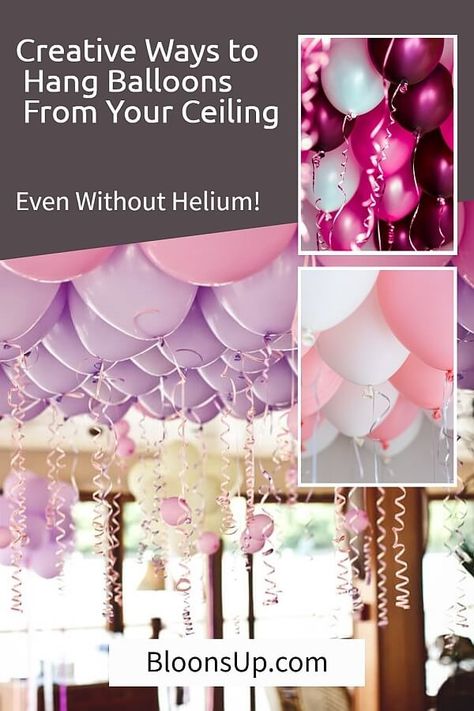 Hanging ceiling balloon decoration ideas, with or without helium. Balloons On Ceiling No Helium, Decorating With Balloons Without Helium, Hanging Balloons Without Helium, How To Hang Balloons From Ceiling, Helium Balloons Ceiling, Hang Balloons From Ceiling, Upside Down Balloons Ceiling, How To Hang Balloons Without Helium, Ceiling Balloon Garland