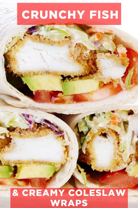 Fish Tortilla Wrap, Fish Wraps Tortillas, Fish Wraps Recipe, Fish Wraps, Slaw Sandwich, Crunchy Fish, Wraps Ideas, Avocado Tacos, Pin Wheels