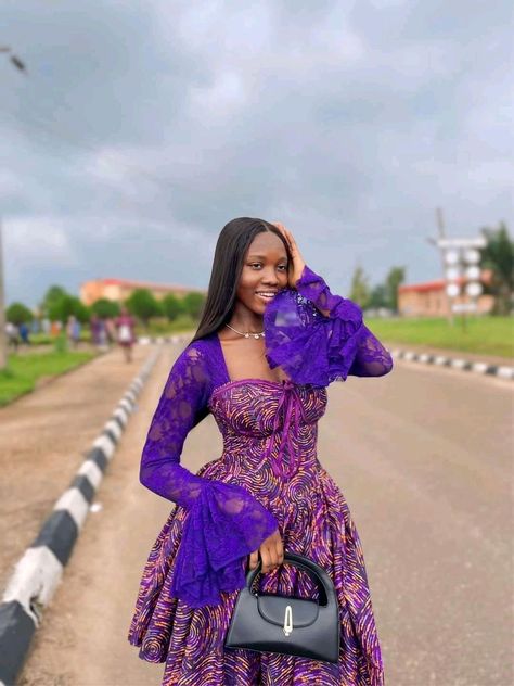 Style To Sew With Ankara, Ankara Styles For Asoebi, Styles To Sew With Ankara, Free Grown Dress Ankara, Ankara Dress Styles With Lace, Ankara Dress Styles For Church Fitting, Purple Ankara Dress Styles, Gown Style For Ankara, Fitted Ankara Gown