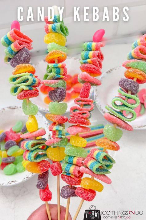 Dollar store gifts - Candy Kebabs - 100 Things 2 Do Diy Candy Birthday Decorations, Gummy Sticks Birthday Parties, Candy Skewers Diy, Diy Candy Sticks, Diy Candy Kebobs, Candy Cabobs Diy, Candy Shish Kabobs, Sweet Kebab Ideas, Candy Kebab Ideas