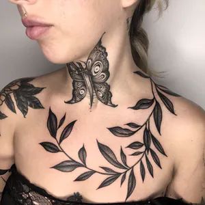 Tine DeFiore - Tattoo Artist | Tattoodo Chest Neck Tattoo, North Star Tattoos, Girl Neck Tattoos, Vine Tattoos, Chest Tattoos For Women, Sternum Tattoo, Tattoo Cover-up, Elegant Tattoos, Cover Up Tattoos