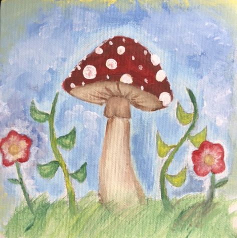 Fairy Core Painting Ideas, Cottagecore Drawings Easy, Cottagecore Painting Ideas, Aesthetic Paintings Easy, Cute Mushroom Painting, Mushroom Painting Ideas, Mushroom Paintings, Mushroom And Flowers, Mushrooms Painting