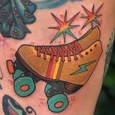 Roller Skate Tattoo Old School, Traditional Roller Skate Tattoo, Roller Skates Tattoo, Rollerskate Tattoo, Roller Skate Tattoo, Childhood Tattoos, Skater Tattoos, Skate Tattoo, Stranger Things Tattoo