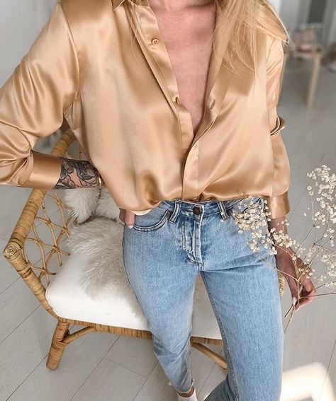 Beige Satin Button Up Outfit, Gold Silk Button Down Shirt Outfit, Gold Silk Shirt Outfit, Gold Satin Shirt Outfit, Cream Satin Shirt Outfit, Satin Button Down Shirt Outfit Casual, How To Style A Silk Button Up, Brown Satin Shirt Outfit, Silky Button Down Shirt Outfit