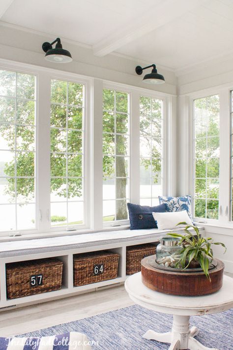 Lake House Sunroom of the Lilypad Cottage Room Of Windows, Sunroom Window Seat Ideas, Built In Bench Sunroom, Sunroom Doors Entrance, Mudroom Screened In Porch, Sun Mud Room, Ikea Sun Room, Mud Room In Sunroom, Mud Room Seat