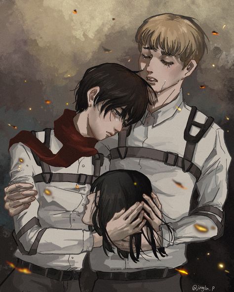 Eren Mikasa And Armin Fanart, Eren Armin Mikasa Fanart, Armin X Eren X Mikasa, Mikasa Holding Eren Head Fanart, Armin And Eren Fanart, Mikasa And Armin Fanart, Eren Mikasa Armin Fanart, Eremika Aesthetic, Aot Armin Fanart