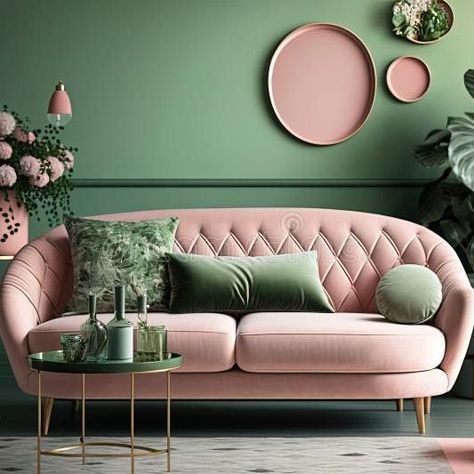 Pink Couch Pillows, Light Pink Sofa, Pink Couch Living Room, Pink Sofa Living Room, Sofa Green, Green Living Room, Pink Couch, Pink Sofa, Stylish Interior