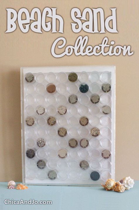 Sand Display Ideas, Beach Sand Collection, Sand Collection Display, Sand Display, Beach Sand Crafts, Beach Keepsakes, Rock Collection Display, Beach Souvenirs, Sand Collection