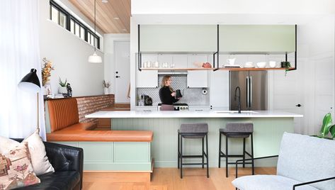 2023 Kitchen Design Tip 4: Make Your Island Perform Double Duty Kitchen Peninsula Dining Table, Kitchen Peninsula With Seating, Peninsula Seating, London Kitchen Design, Black Round Dining Table, Upholstered Dining Bench, Built In Banquette, Seating Ideas, London Kitchen