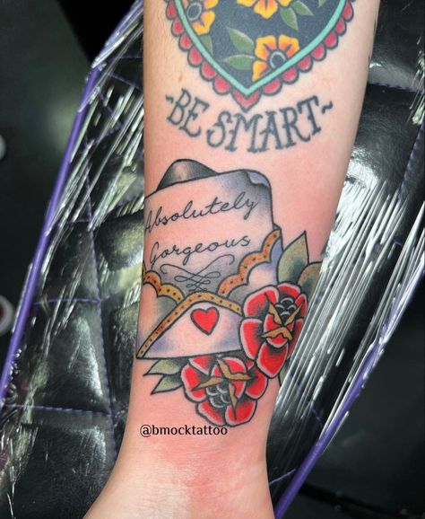 American Traditional Memorial Tattoo, Traditional Love Letter Tattoo, American Traditional Envelope Tattoo, Traditional Memorial Tattoo, American Traditional Self Love Tattoo, Traditional Heart Name Tattoo, Traditional Mom Heart Tattoo, Love Letter Tattoo, Handwriting Tattoos