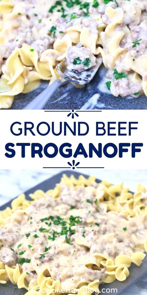 Easy Ground Beef Stroganoff - Grace Like Rain Blog: Recipes From Our Family to Yours Easy Stroganoff Recipe Ground Beef, Stragonoff Recipe, Healthy Stroganoff, Healthy Beef Stroganoff, Stovetop Appetizers, Ground Beef Stroganoff Recipe, Easy Ground Beef Stroganoff, Easy Goulash Recipes, Round Steak Recipes