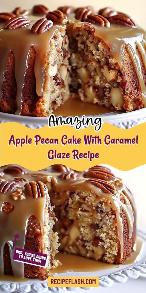 Satisfy your cravings with this delectable Apple Pecan Cake topped with a gooey Caramel Glaze! This dessert recipe combines the flavors of fresh apples and crunchy pecans for a delightful treat. Ideal for celebrations or everyday indulgence, this cake is sure to become a family favorite. Bake it today! Apple Cake With Icing, Orange Candy Cake, Apple Pecan Caramel Cake, Coconut Apple Cake, Apple Pecan Cake With Caramel Sauce, Stacked Apple Cake, Fresh Apple Cake With Caramel Glaze, Pecan Cake Recipes Homemade, Pecan Upside Down Cake With Box Cake