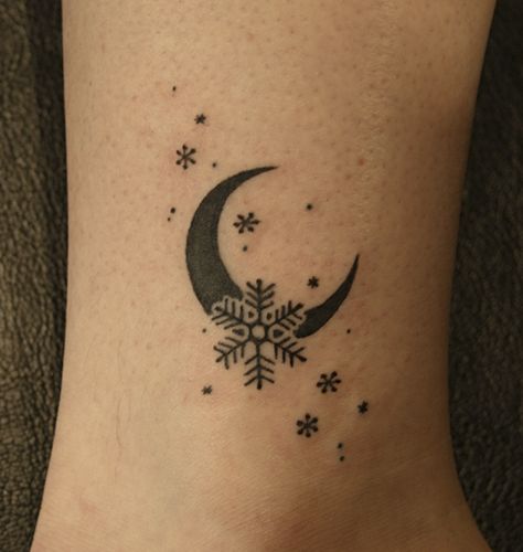 snowflake Snowflake Hip Tattoo, Snowflake And Moon Tattoo, Snowflake Moon Tattoo, Snow And Moon Tattoo, Snowflake Neck Tattoo, Nordic Snowflake Tattoo, Snowflake Hand Tattoo, Snow Angel Tattoo, Winter Tattoo Ideas