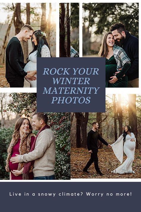 a collage pin of outdoor winter maternity images that states how to rock your winter maternity photos Maternity Shoot In Winter, Maternity Photoshoot Ideas Outdoor Winter, Maternity Photos In February, Maternity Winter Outfits For Pictures, Maternity Pictures Outfits Winter, Early Winter Maternity Photos, Maternity Photos December, December Maternity Photoshoot Outfits, Maternity Photography Outdoors Winter