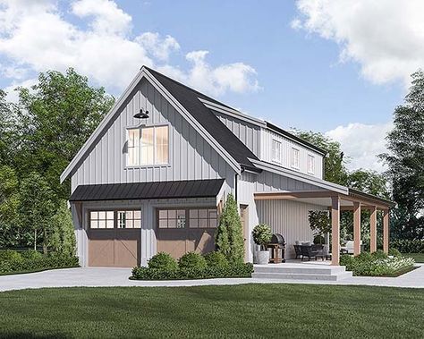 New Garage Plans! See the Latest Designs by Top Designers 1 Bedroom Barndominium, Garage With Apartment Above, Shed Pool House, Cottage Getaway, Garage With Living Quarters, 4 Car Garage, Farmhouse Garage, Garage Addition, Country Farmhouse Style