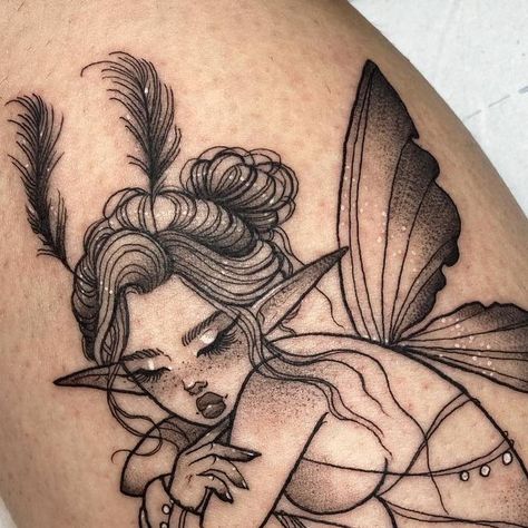 🥀𝔖𝔨𝔲𝔫𝔨𝔷𝔷𝔶🥀 on Instagram: "• ℌ𝔢𝔞𝔳𝔢𝔫𝔩𝔶 • Faerie baby for Irene!! Thanks for adding another one of my pieces to your ethreal collection 🥲♥️ • resident artist at @overlook_tattoostudio • #tattooalicante #alicantetattoo #blackwork #blackworktattoo #illustration #tattoo #darktattoo #creepytattoo #cutetattoo #inked #inkedup #inkedgirls #halloweentattoo #tattoospain" Sleeping Fairy Tattoo, Plant Goddess Tattoo, Ballerina Fairy Tattoo, Realistic Fairy Tattoo, Whimsical Chest Tattoo, Fae Aesthetic Tattoo, Night Elf Tattoo, Faerie Tattoo Ideas, Baby Fairy Tattoo