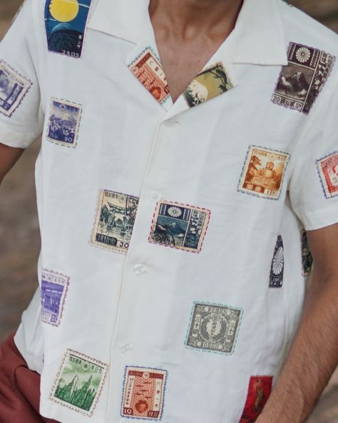 VINTAGE STAMP PATCHWORK SHIRT Drawing inspiration from my childhood hobby of stamp collecting, I have meticulously crafted this exquisite shirt, piecing together 28 unique Japanese stamps from the early 1900s to the 1950s. Each vintage stamp showcases iconic imagery such as Mount Fuji, Japanese shrines, and traditional motifs, creating a captivating patchwork design. 
.
.
#themitesh #MensShirts #linenshirt #patchworkshirts #vintagepatch #stampshirt Japanese Shrines, Japanese Stamps, Japanese Stamp, Japanese Shrine, Shirt Drawing, Patchwork Shirt, Beige Shorts, Traditional Motifs, Vintage Patches