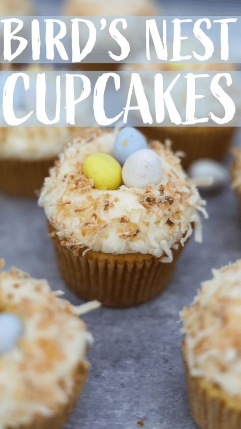 Bird's nest cupcakes are the perfect treat for your Spring and Easter celebrations. A soft vanilla cupcake topped with cream cheese frosting, toasted coconut, and your favorite egg shaped chocolate candies.  These are such a fun recipe for anyone that loves to celebrate during the Spring. They are festive soft cupcakes with just the perfect amount of sweetness. Bird Nest Cupcakes, Soft Cupcakes, Cupcake With Cream Cheese Frosting, Bird Cupcakes, Nest Cupcakes, Brown Food Coloring, Chocolate Nests, Cadbury Eggs, Chocolate Candies