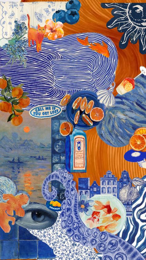 #monet #wallpaper #collage #blue #orange #summeraesthetic End Of Summer Background, 2000s Summer Wallpaper, Orange Blue Room, Orange Collage Wallpaper, Holiday Lockscreen, Wallpaper Backgrounds Collage, Orange Blue Aesthetic, Laptop Wallpaper Collage, Orange And Blue Wallpaper