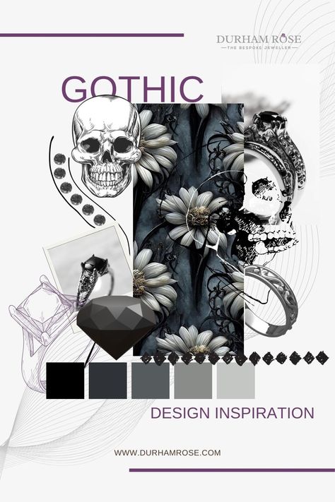 With Halloween just around the corner, we've conjured up a design inspiration for all you goth enthusiasts out there! 🖤⁠ Stay tuned for the grand reveal of the ring born from this dark and mesmerising inspiration! 🎃💍🖤⁠ ⁠ #moodboard #gothinspired #halloweendaypreps #comingsoon #staytuned #bigreveal #dark #designinspo #visual #spookyrings #gothinspiredjewellery #gothicaesthetics #october31 #trickortreat #halloweentime #spookyvibes #gothicvibes #staytunedformore #duhramroseinspirations Gothic Moodboard Aesthetic, Gothic Mood Board Fashion, Goth Mood Board, Gothic Moodboard, Goth Moodboard, Deconstructivism, Inspiration Moodboard, Fashion Boards, Fabric Board