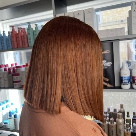 Autumn by Lauren 🍂 #copperhair #amberhair Using @schwarzkopfpro 6-77 on the roots and 7-77 on the ends Medium Copper Blonde Hair, Short Copper Brown Hair, Copper Brown Bob, Copper Long Bob, Short Caramel Hair, Copper Bob Hair, Copper Bob, Copper Blonde Hair, Copper Brown Hair