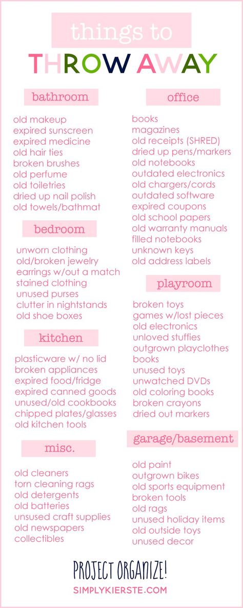 A great room-by-room list of things to throw away to help your home feel clean and uncluttered! It will make all the difference! Easy Home Organization, Organizing Hacks, Organisation Hacks, Home Organisation, Organize Declutter, Moving Tips, Book Book, Home Organization Hacks, Cleaning Checklist