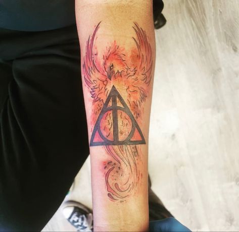 Phoenix Tattoo, Deathly Hallows, Tattoo Stencils, Deathly Hallows Tattoo, Tattoo Inspo, Triangle Tattoo, Watercolor Tattoo, Tatting, Phoenix