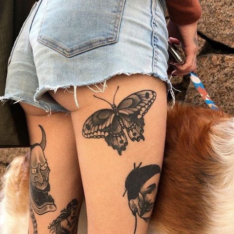 Unique Butterfly Tattoos, Unique Butterfly, Leg Tattoos Women, Butterfly Tattoos, Aesthetic Tattoo, Dope Tattoos, Blackwork Tattoo, Piercing Tattoo, Creative Tattoos