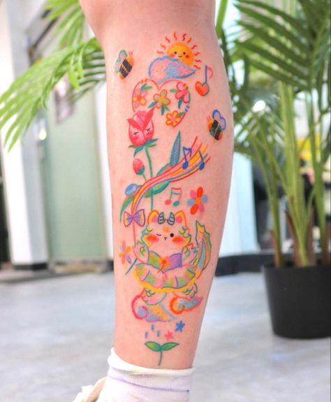 Mystic Tattoos, Pastel Tattoo, Spring Music, Colorful Tattoos, Funky Tattoos, Dance Together, Cute Tats, Kawaii Tattoo, Cute Little Tattoos