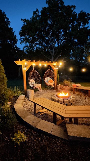 Aspen Custom Carpentry on Instagram: "The best place to be 🎃 #firepit #backyard #diy #autumn #falldecor" Gravel Backyard Fire Pit Area, Built In Firepits Backyard Ideas, Community Fire Pit, Bonfire Pit Ideas Diy, Outdoor Fire Pit Area With Lights, Large Fire Pit Ideas Backyard, Benches Around Fire Pit, Fire Pit In Woods, Yard Fire Pit Ideas Seating Areas