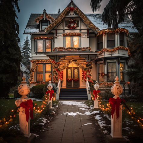 Add a spooky twist to your holiday decor with these images of Victorian homes decorated with Christmas decorations and Halloween elements. Experience the kitsch and camp charm of a Victorian home decorated for Christmas, or the intricate details of a Victorian style house with Christmas decorations. #VictorianHalloweenChristmas #SpookyHolidayDecor #Decorations Victorian Home Christmas Exterior, Victorian Homes Christmas, Christmas Victorian House, Victorian Home Christmas, Victorian Christmas Aesthetic, Christmas Decir, Victorian Christmas Decorations, Victorian Homes Exterior, Victorian Halloween