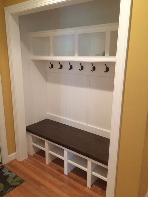 Mudrooms - Custom Mud Bench - Wake Forest, Raleigh, Durham — Woodmaster Custom Cabinets - Custom Cabinets & Interior Trim Removable Shelves Closet, Front Closet Cubbies, Built In Lockers Mud Rooms Diy, Entryway Mudroom Closet, Open Shelves Mudroom, Closet Bench Seat, Exterior Mudroom, Mud Room Closet Remodel, Bench Closet