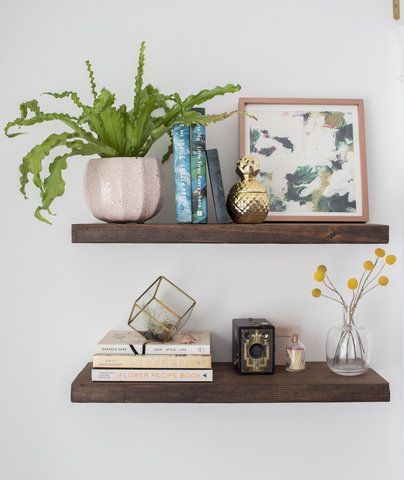 DIY Floating Shelves: How to Build Floating Shelves | DIY Floating shelves are a stylish and budget-friendly way to accessorize your home. Here's our easy guide for how to build floating shelves. Grey Floating Shelves, Ikea Floating Shelves, Diy Floating Shelves, Indoor Plant Shelves, Industrial Floating Shelves, Long Floating Shelves, Diy Storage Shelves, Floating Shelves Bedroom, Reclaimed Wood Floating Shelves