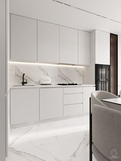 Kitchen Interior Modern Luxury White, Kitchen Interior Design Modern White, Minimal Kitchen Design Minimalist, White And Marble Kitchen, White Glossy Kitchen, Kitchen Interior Modern Luxury, Kitchen White Marble, White Kitchen Modern, Modern Fridge