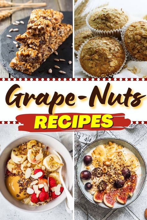 These Grape-Nuts recipes breathe new life into the cereal! From muffins to pudding to cookies, the crunchy taste is just too good. Grapenuts Recipes Healthy, Grapenuts Cereal Recipes, Grapenuts Muffins, Recipes With Grape Nuts Cereal, Grape Nuts Cereal Recipes, Recipes Using Grape Nuts Cereal, Grape Nuts Muffins, Grapenut Custard Pudding, Grape Nuts Pudding