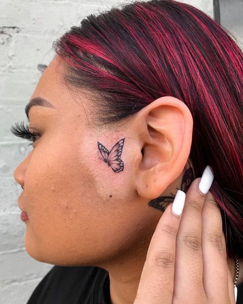 Sideburn Tattoo Women, Small Face Tattoo, Simon Tattoo, Tattoo Ideas Butterfly, Small Face Tattoos, Pink Ribbon Tattoos, Tattoo Side, Butterfly Neck Tattoo, Bird Tattoos For Women