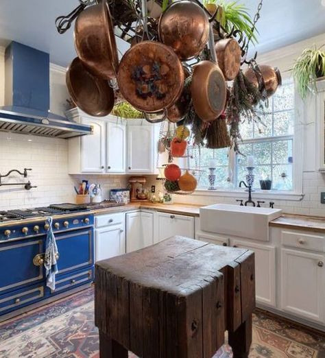 Pot Rack Hanging Over Island, Pot Rack Kitchen, Pot Rack Hanging, Boho Kitchen, Pot Rack, Home Is Where, Kitchen Island