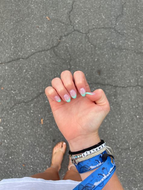 Cute Gel Tip Nails, Teal French Tip Nails With Flowers, Teal Nails Acrylic French Tips, Beach Nails French Tips, Light Teal French Tip Nails, Teal Nail Tips, Beachy French Tip Nails, Summer Nail Designs 2020, Ocean French Tip Nails