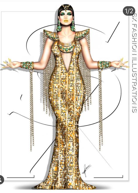 By SX Fashion Illustrations Egyptian Fashion Illustration, Egypt Dress, Egyptian Dress, Ancient Egypt Fashion, Fashion Model Drawing, Egyptian Fashion, Dress Illustration, Fashion Design Sketchbook, Fashion Illustration Dresses