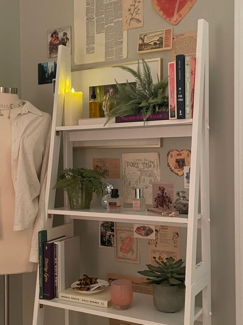 Storage Ladder Bedroom, Ladder Bookshelf Decor Bedroom, Bookshelf White Aesthetic, Bookcase Decor Aesthetic, Bookshelf Decor Bedroom Aesthetic, Dorm Bookshelf Decor, Shelving Inspo Bedroom, Shelf Astethic, Standing Shelf Decor Bedroom