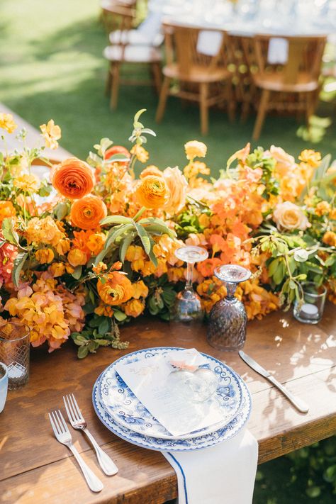 Places, Please Blue And Orange Table Setting, Orange And Yellow Wedding Theme, Mexico Wedding Color Palette, Marigold Wedding Flowers, Blue Orange Weddings, Halloween Core, Dramatic Table, 2024 Planning, Tangerine Wedding