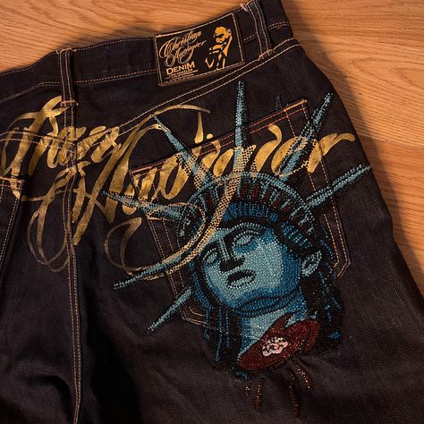 Christian Audigier Jeans, Christian Audigier, Y2k Vibes, Ed Hardy, Early 2000s, Baggy Jeans, Crystal Rhinestone, Vintage Y2k, Statue