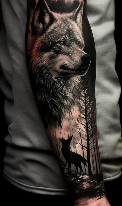 Wolf Tattoos Men Sleeve, Wolf Sleeve Tattoo, Storm Tattoos, Wolf Sleeve, Storm Tattoo, Illusion Tattoos, Optical Illusion Tattoos, Wolf Tattoos Men, Mountain Tattoo Design