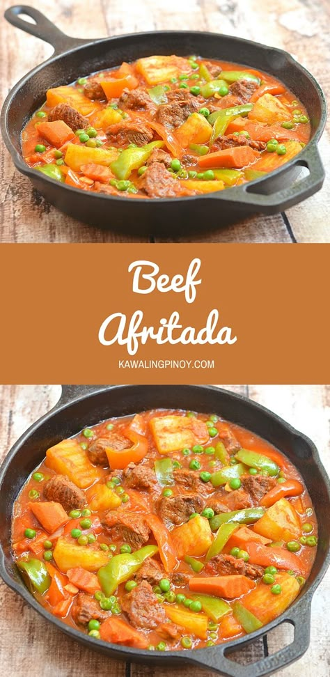 Beef Afritada is a hearty Filipino stew made of beef chunks, potatoes, carrots and bell peppers slow-cooked in a thick, flavorful tomato sauce Afritada Beef, Beef Afritada, Filipino Beef Stew, Beef Chunks, Kawaling Pinoy, Beef And Vegetables, Filipino Food Dessert, Paleo Crockpot, Potatoes Carrots