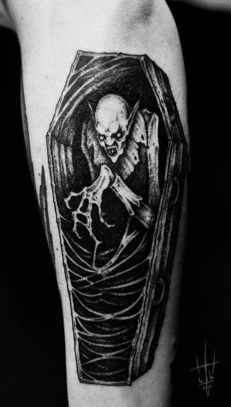 Dracula Tattoo Design, Nosferatu Tattoo, Monster Tattoos, Horror Tattoo Ideas, Nosferatu Vampire, Dracula Tattoo, Coffin Tattoo, Gothic Tattoos, Vampire Tattoo