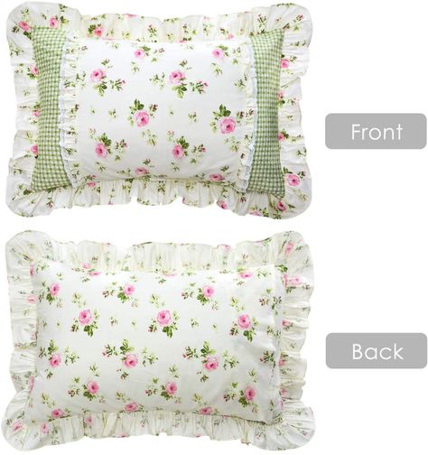 AmazonSmile: FADFAY Farmhouse Style Pillowcases Pink Rosetta Printed Gold with Green Plaid Elegant Country Style 100% Cotton Vintage Lace Ruffles Bedding Pillow Covers Exquisite Craft Standared Size 19" x 29": Home & Kitchen Ruffles Bedding, Diy Crafts To Sell On Etsy, Homemade Pillow Cases, Flower Wall Hanging Decor, Room Hanging Decor, Diy Paper Wall Hanging, Wall Hanging Ideas, Bed Cover Design, Designer Bed Sheets