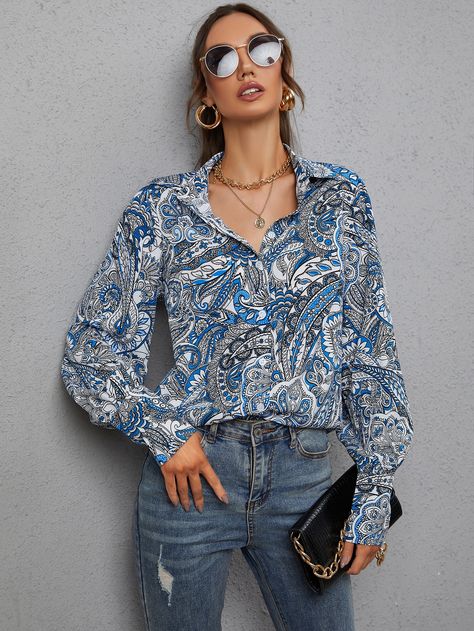 Multicolor Boho  Long Sleeve Polyester Floral,Paisley Shirt Embellished Slight Stretch Spring/Fall Women Tops, Blouses & Tee Paisley Shirt Outfit Women, Patterned Blouse Outfit, Paisley Print Blouse, Paisley Shirt, Vintage Gowns, Women Blouses, Blouse Outfit, Vintage Vibe, Blouse Patterns