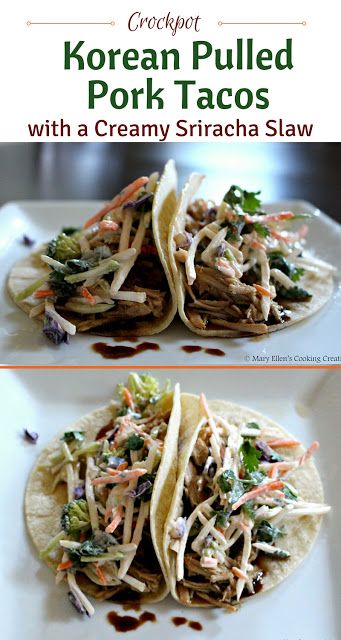 Pork Belly Tacos With Slaw, Sriracha Slaw, Korean Pulled Pork, Sriracha Dressing, Battered Chicken, Korean Tacos, Pulled Pork Tacos, Pork Tacos, Slow Cooker Pulled Pork