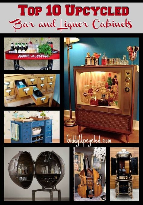 Fantastic upcycled bars and liqueur cabinets!  The cello and tv are BA Cabinet Upcycle Ideas, Diy Bar Cabinet, Cabinet Upcycle, Upcycled Cabinet, Sideboard Upcycle, Home Bar Cabinet, Liquor Bar, Upcycle Ideas, Rustic Cabinets